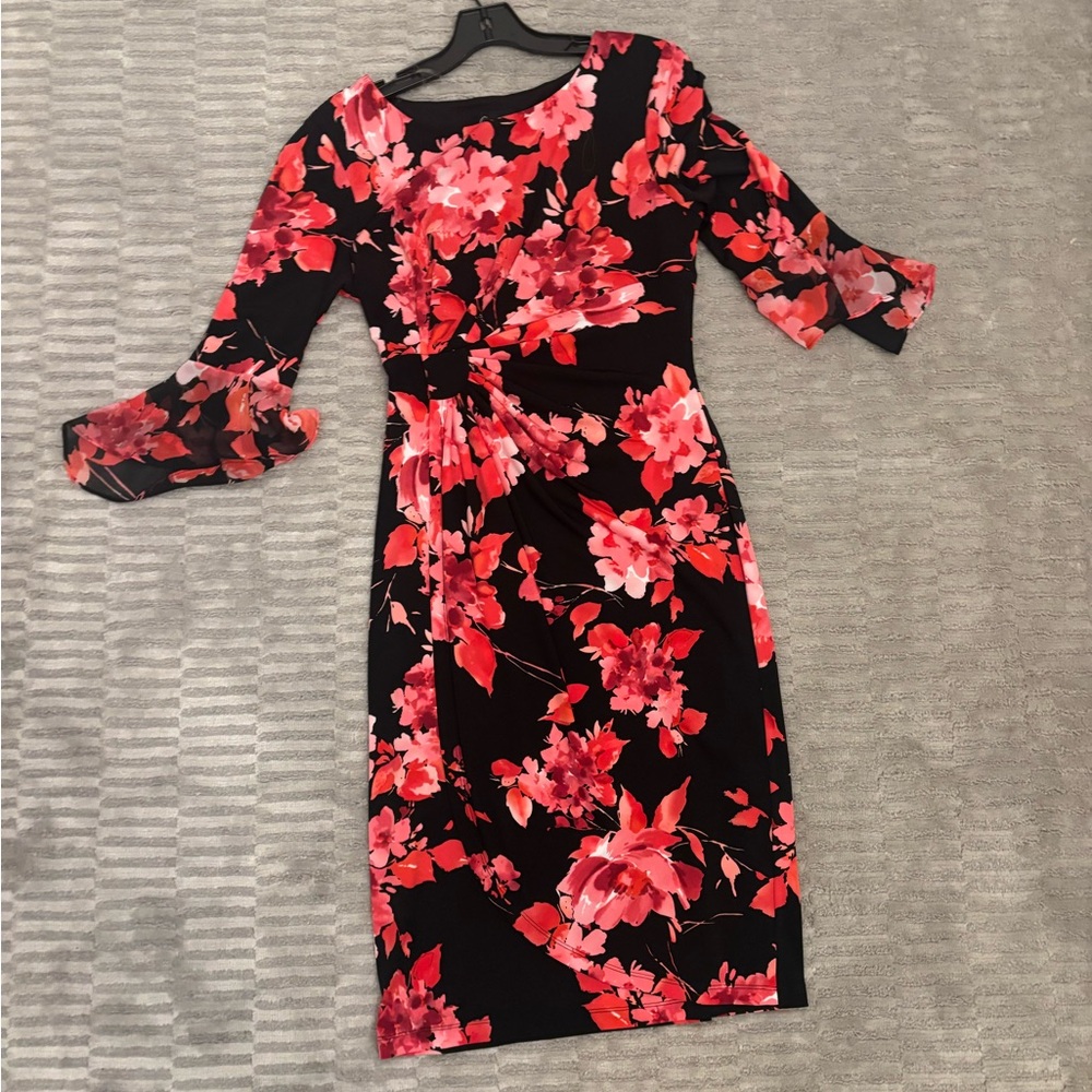 Connected Apparel Red and Black Floral Long Sleeve Dress